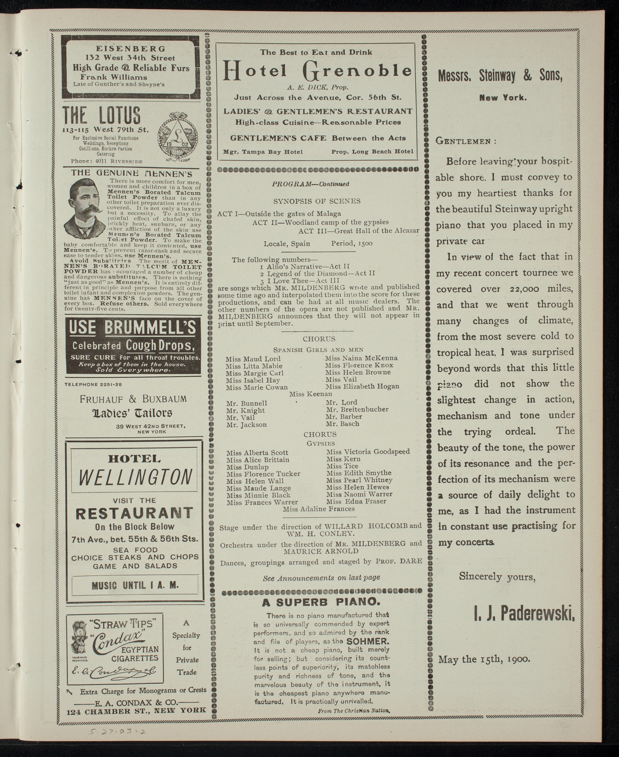 Opera Presentation by Albert Mildenberg, May 27, 1903, program page 3