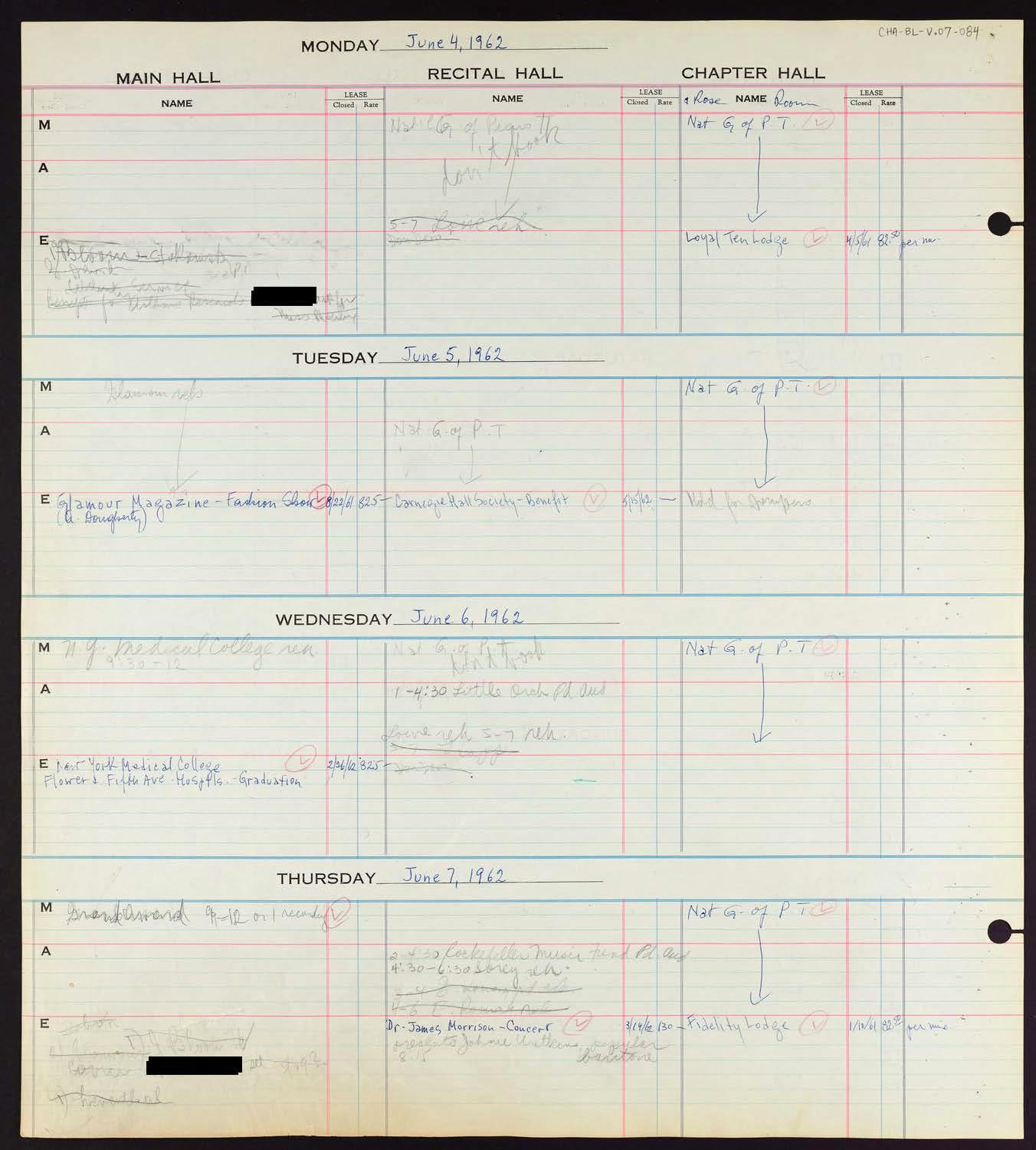 Carnegie Hall Booking Ledger, volume 7, page 84