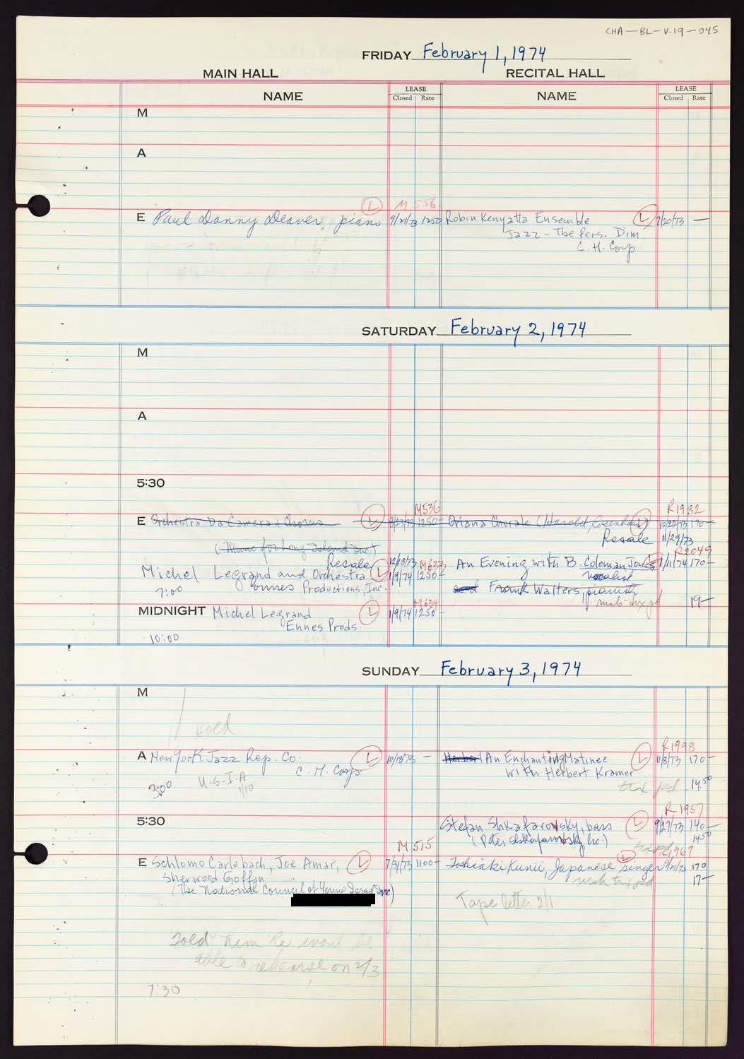 Carnegie Hall Booking Ledger, volume 19, page 45