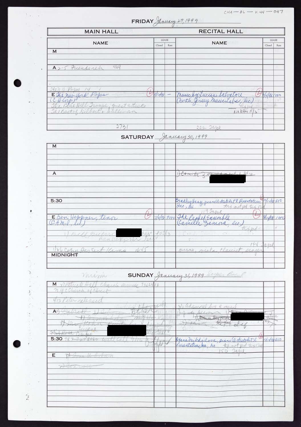 Carnegie Hall Booking Ledger, volume 44, page 47