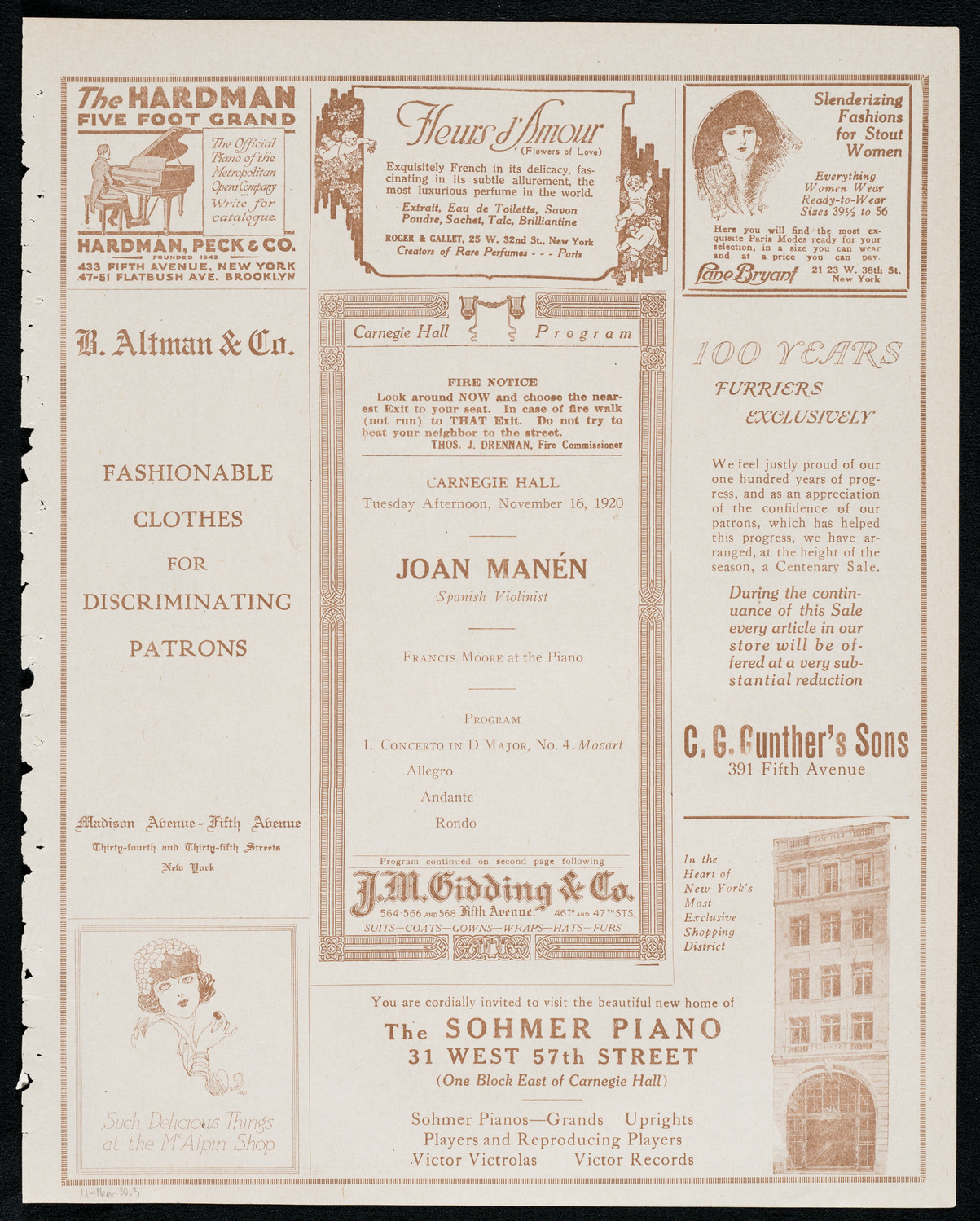 Joan Manén, Violin, November 16, 1920, program page 5