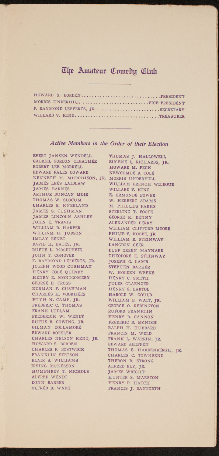 Amateur Comedy Club, February 12, 1913, program page 5