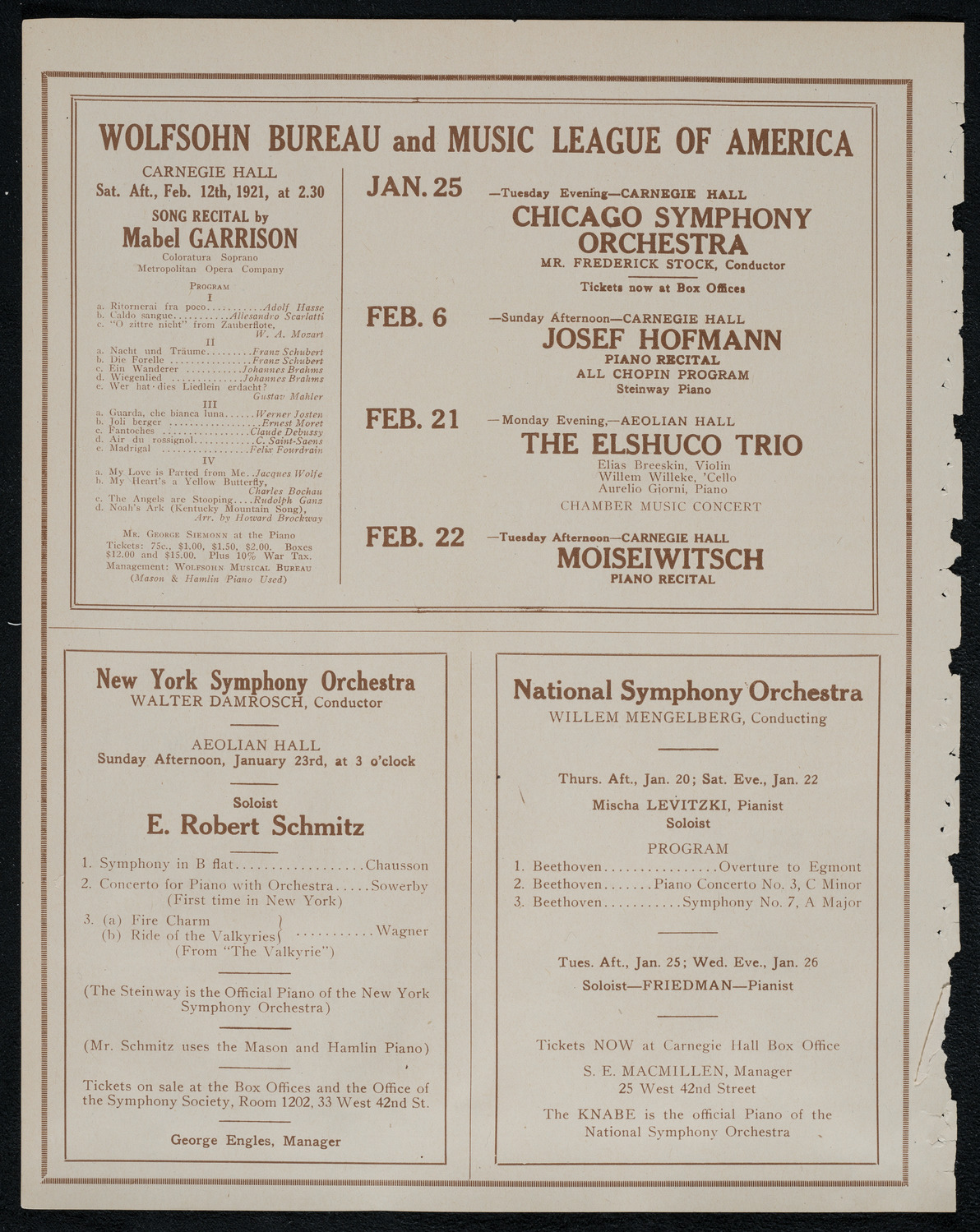 Efrem Zimbalist, Violin, January 22, 1921, program page 8