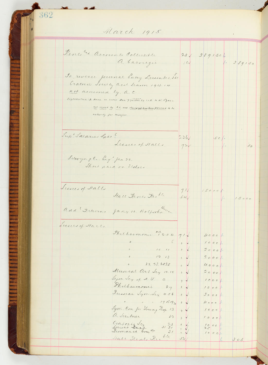 Music Hall Accounting Ledger Journal, volume 7, page 362