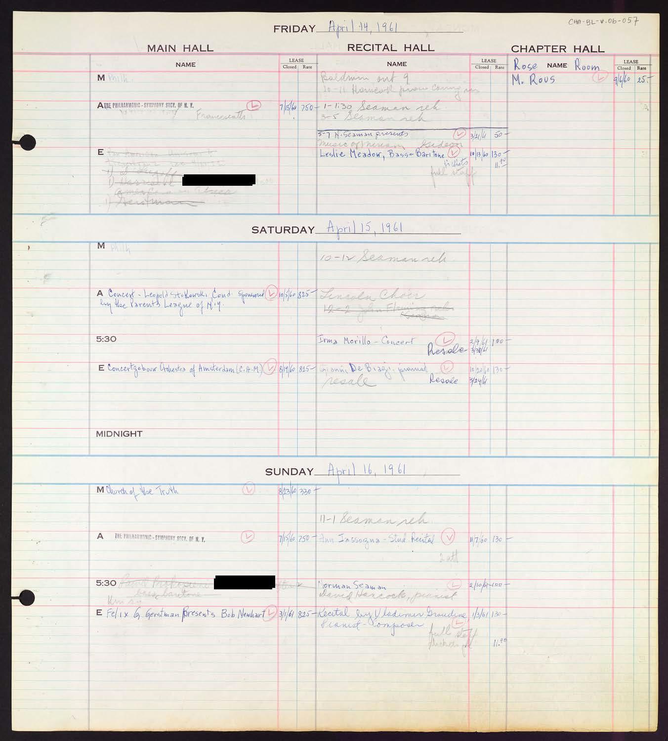 Carnegie Hall Booking Ledger, volume 6, page 57