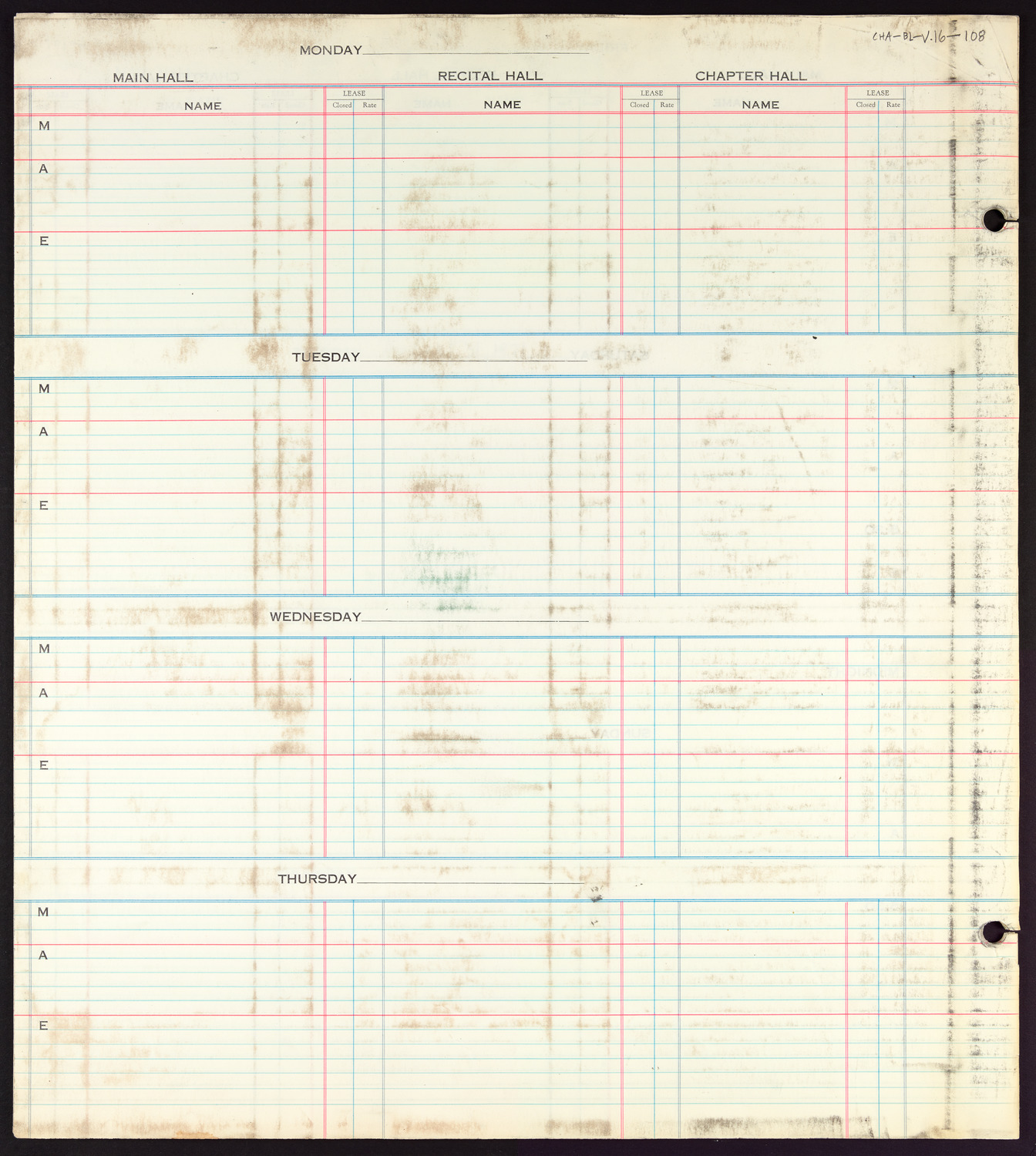 Carnegie Hall Booking Ledger, volume 16, page 108