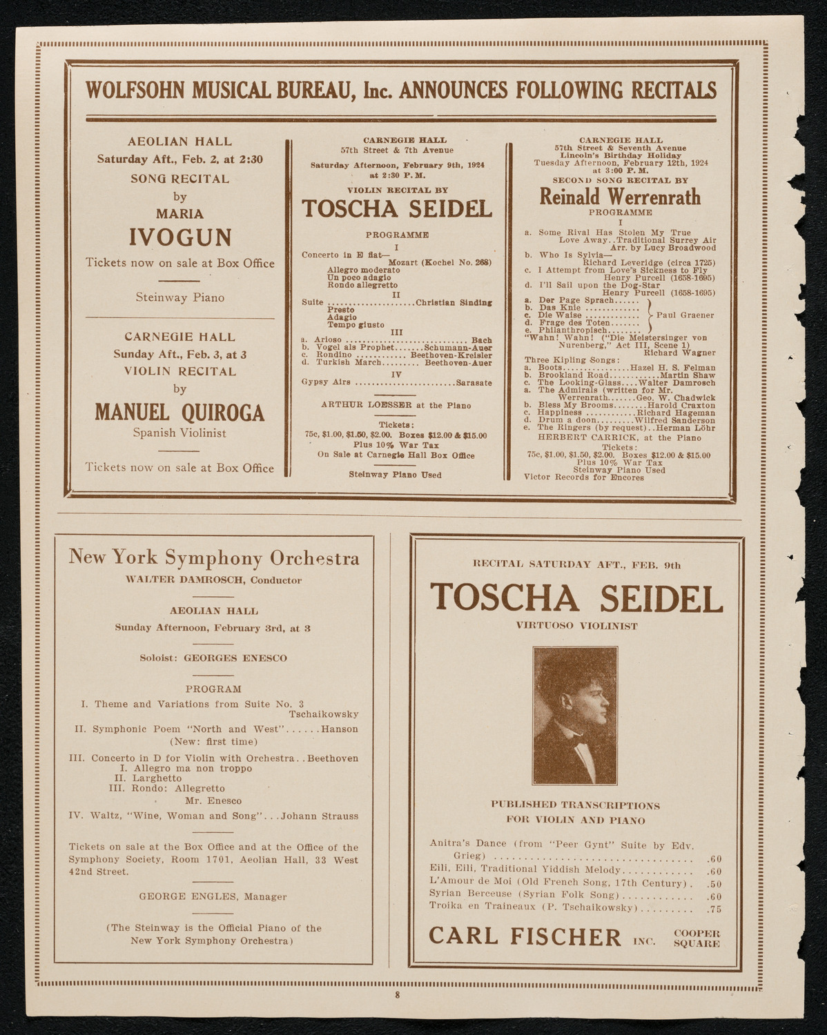 New York Symphony Orchestra: Beethoven Cycle, February 1, 1924, program page 8