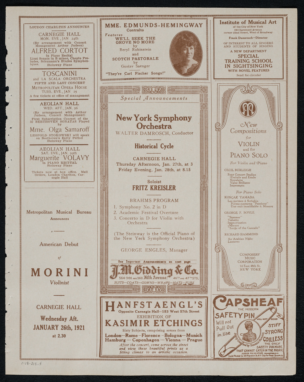 Sergei Rachmaninoff, Piano, January 18, 1921, program page 9