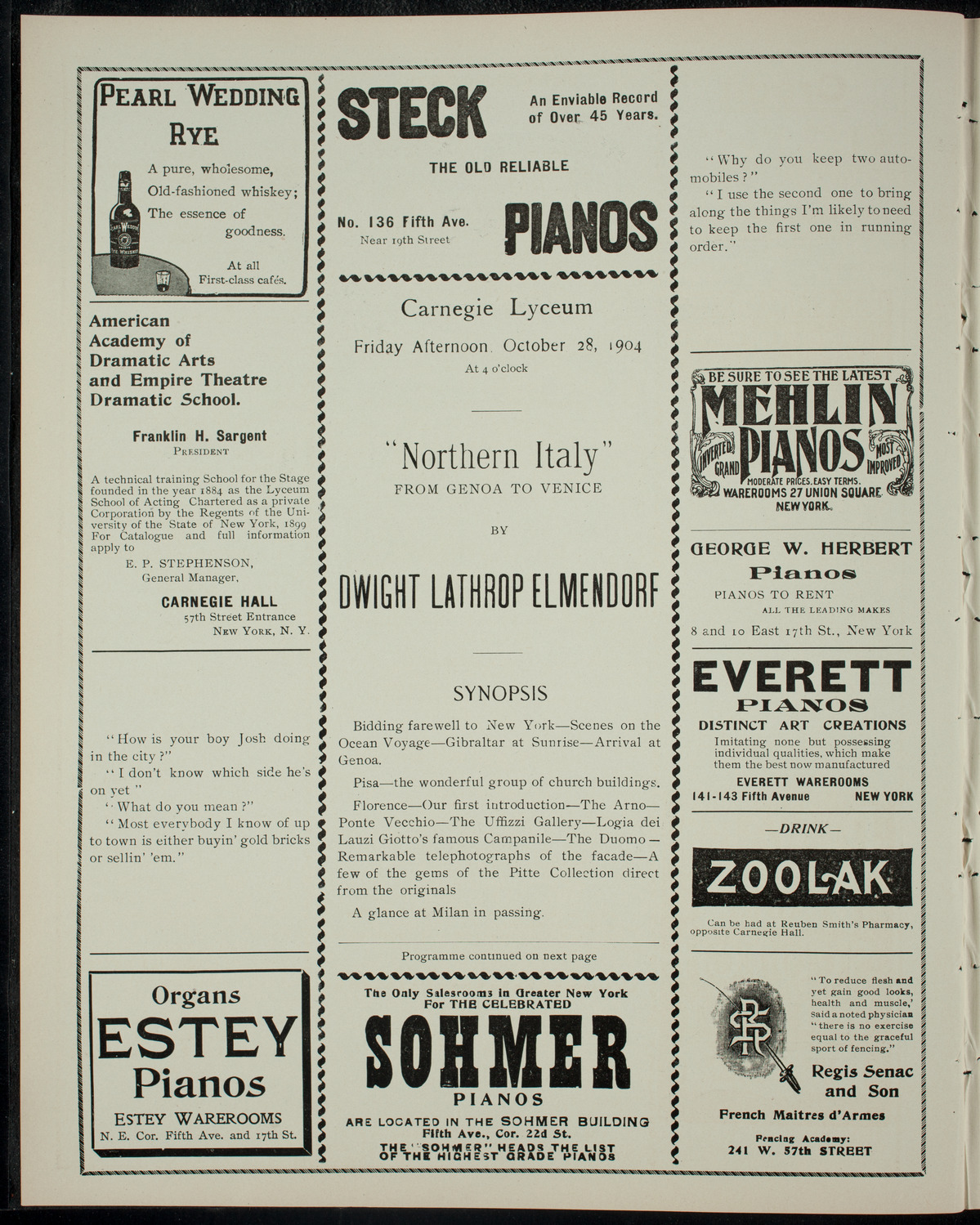 Elmendorf Lecture: Northern Italy from Genoa to Venice, October 28, 1904, program page 2