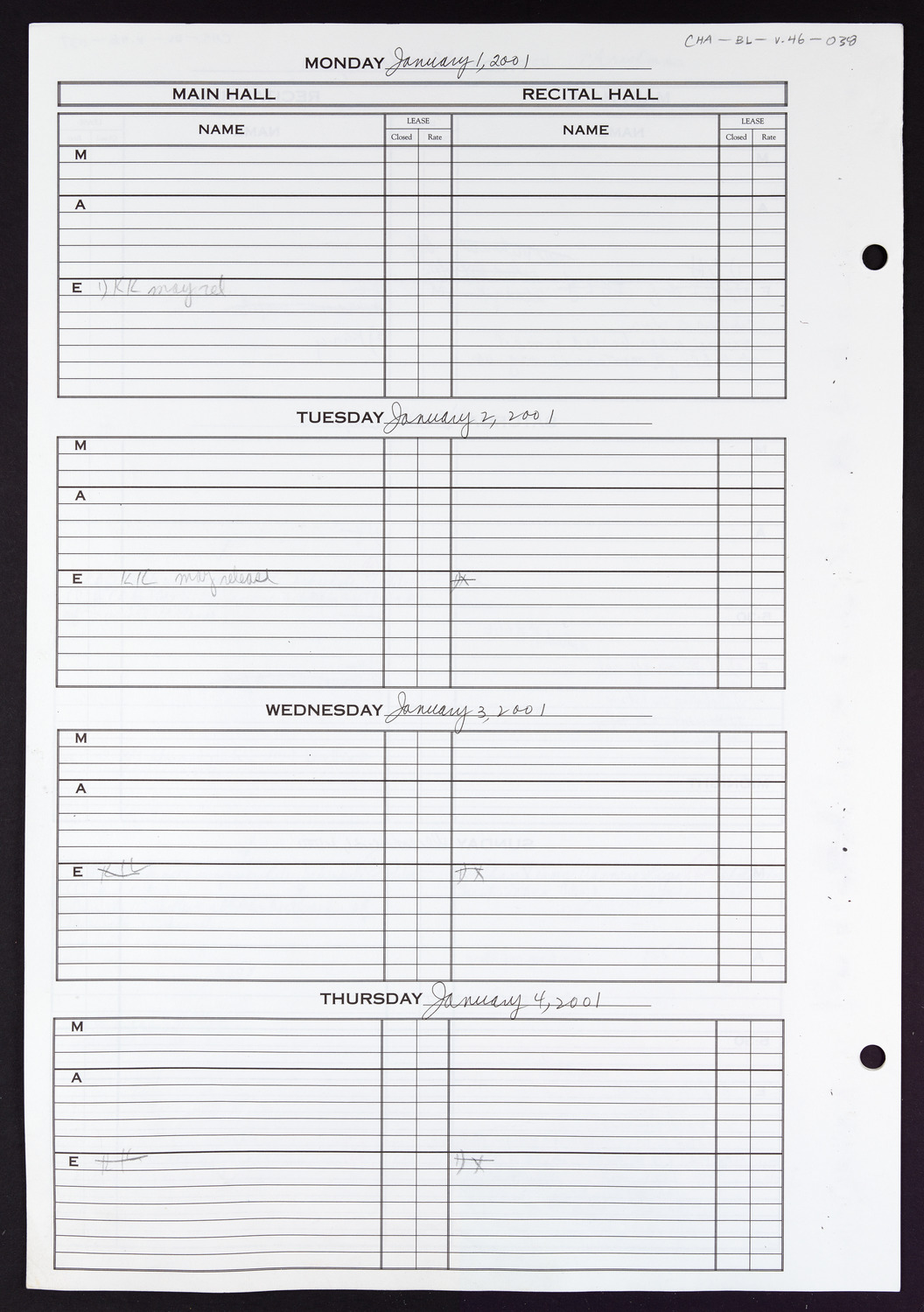 Carnegie Hall Booking Ledger, volume 46, page 38