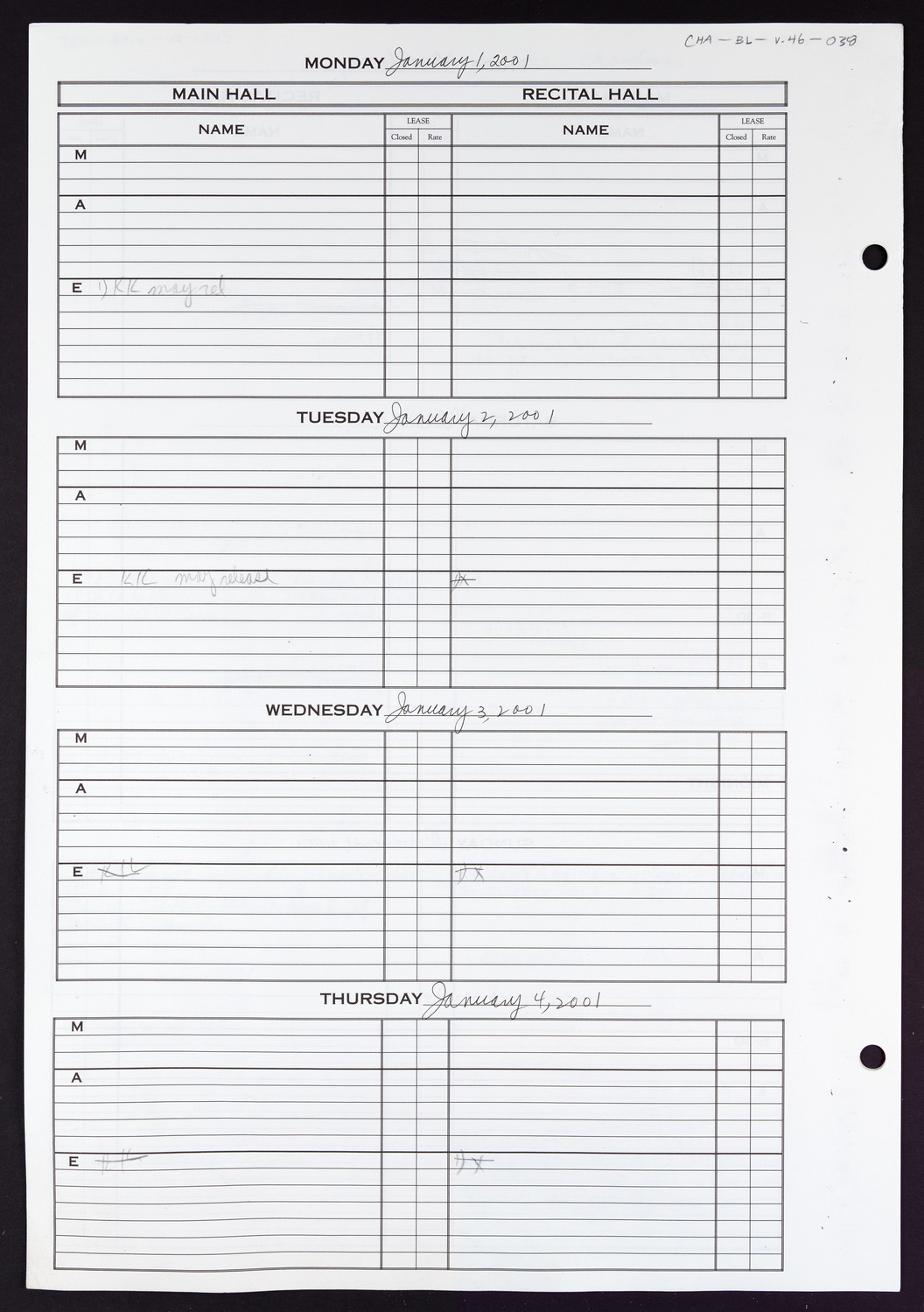 Carnegie Hall Booking Ledger, volume 46, page 38