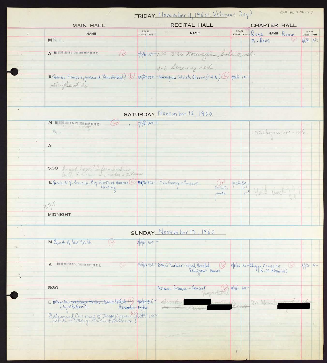 Carnegie Hall Booking Ledger, volume 6, page 13