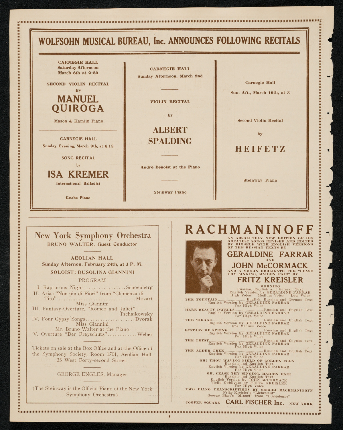 Frederic Fradkin, Violin, February 19, 1924, program page 8