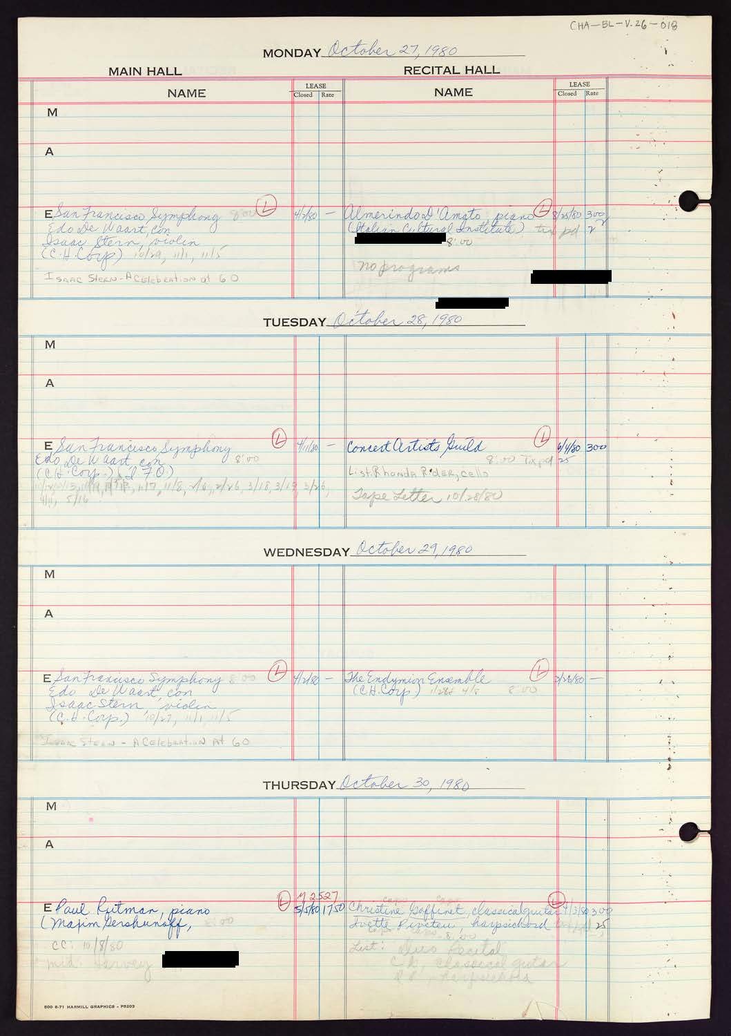 Carnegie Hall Booking Ledger, volume 26, page 18