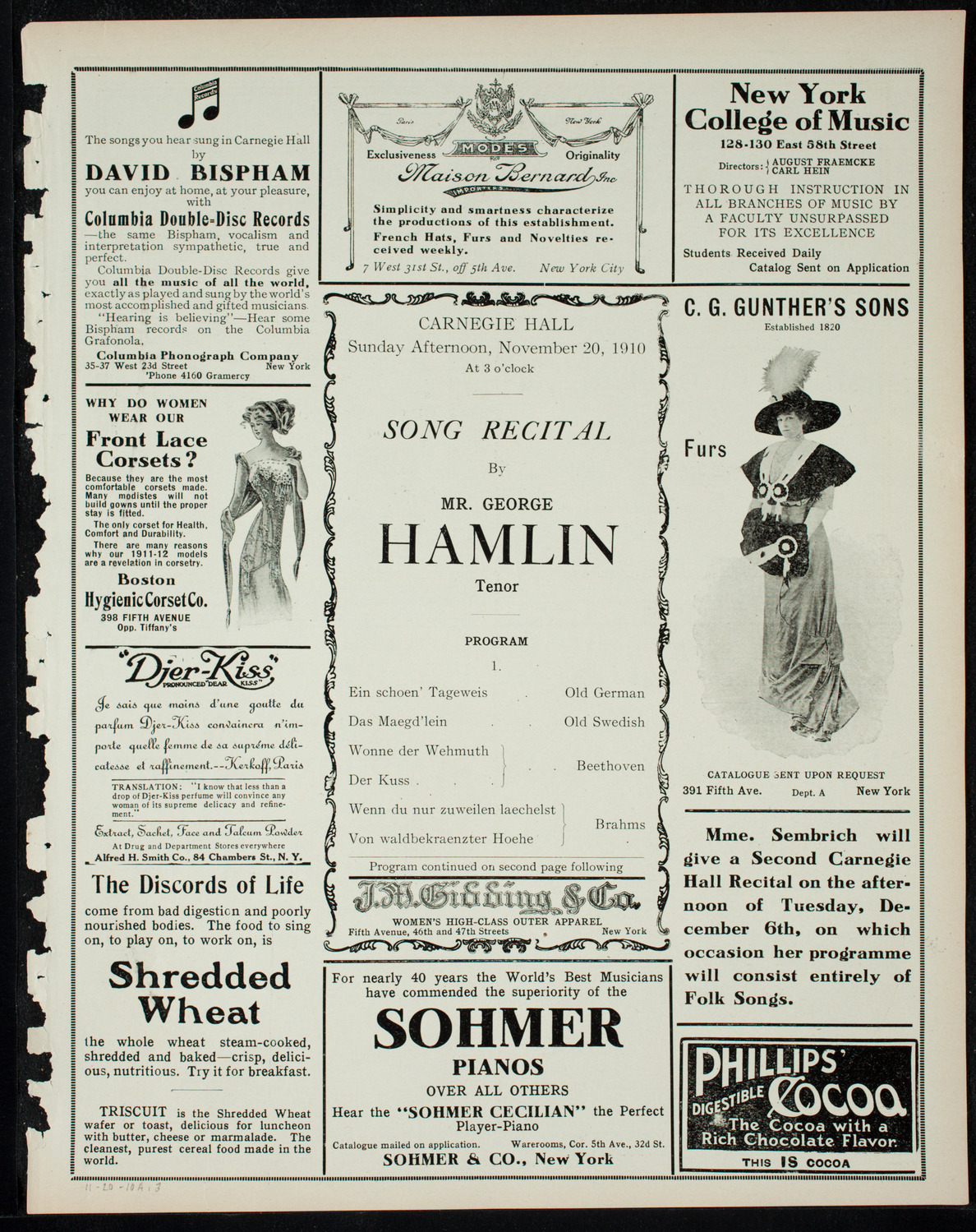 George Hamlin, Tenor, November 20, 1910, program page 5