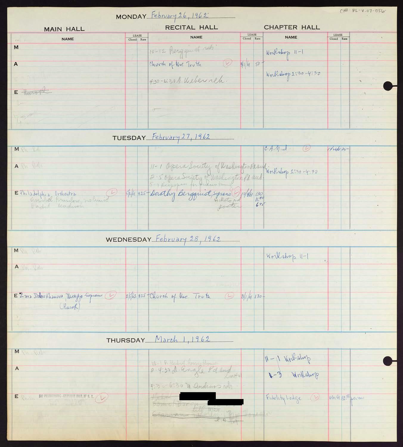 Carnegie Hall Booking Ledger, volume 7, page 56