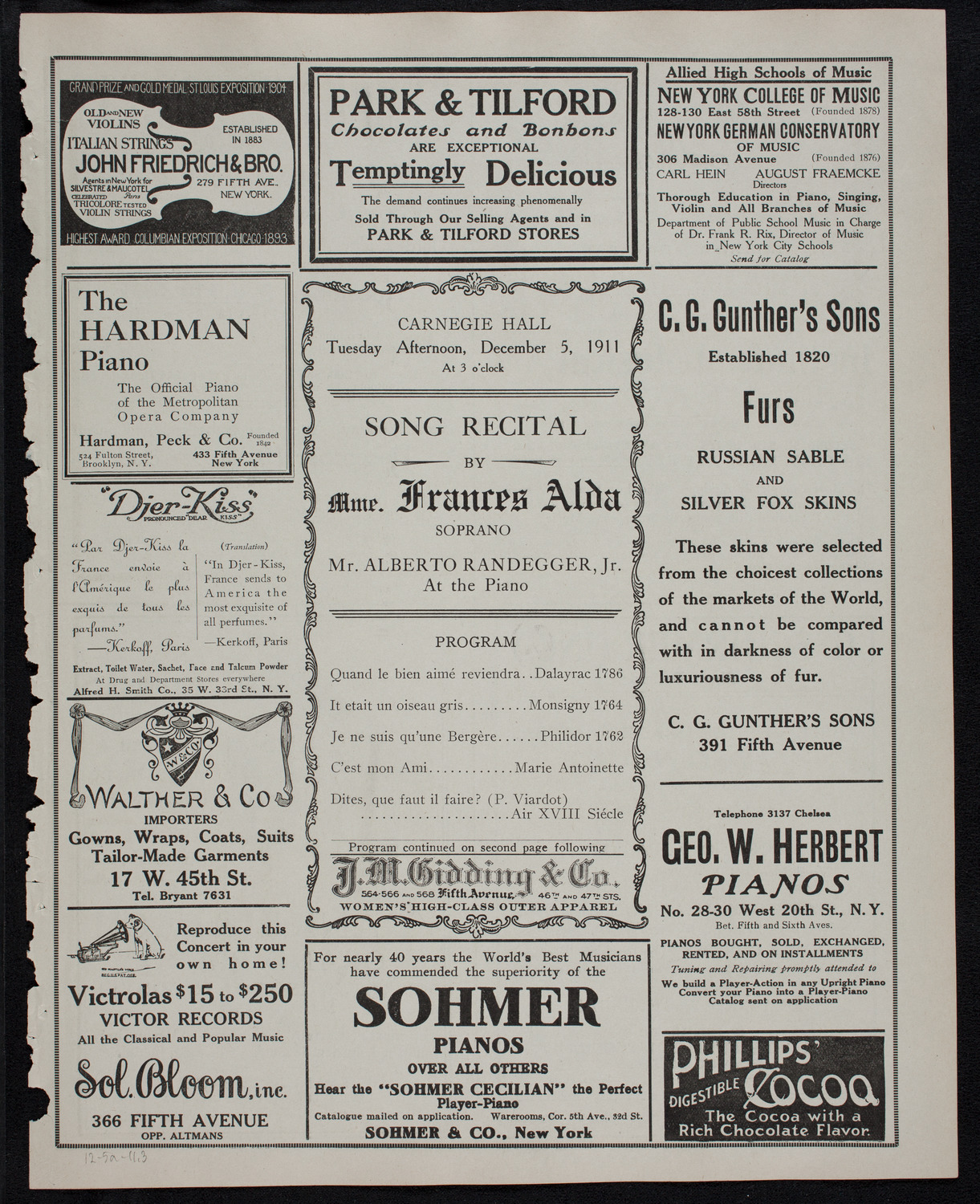 Frances Alda, Soprano, December 5, 1911, program page 5