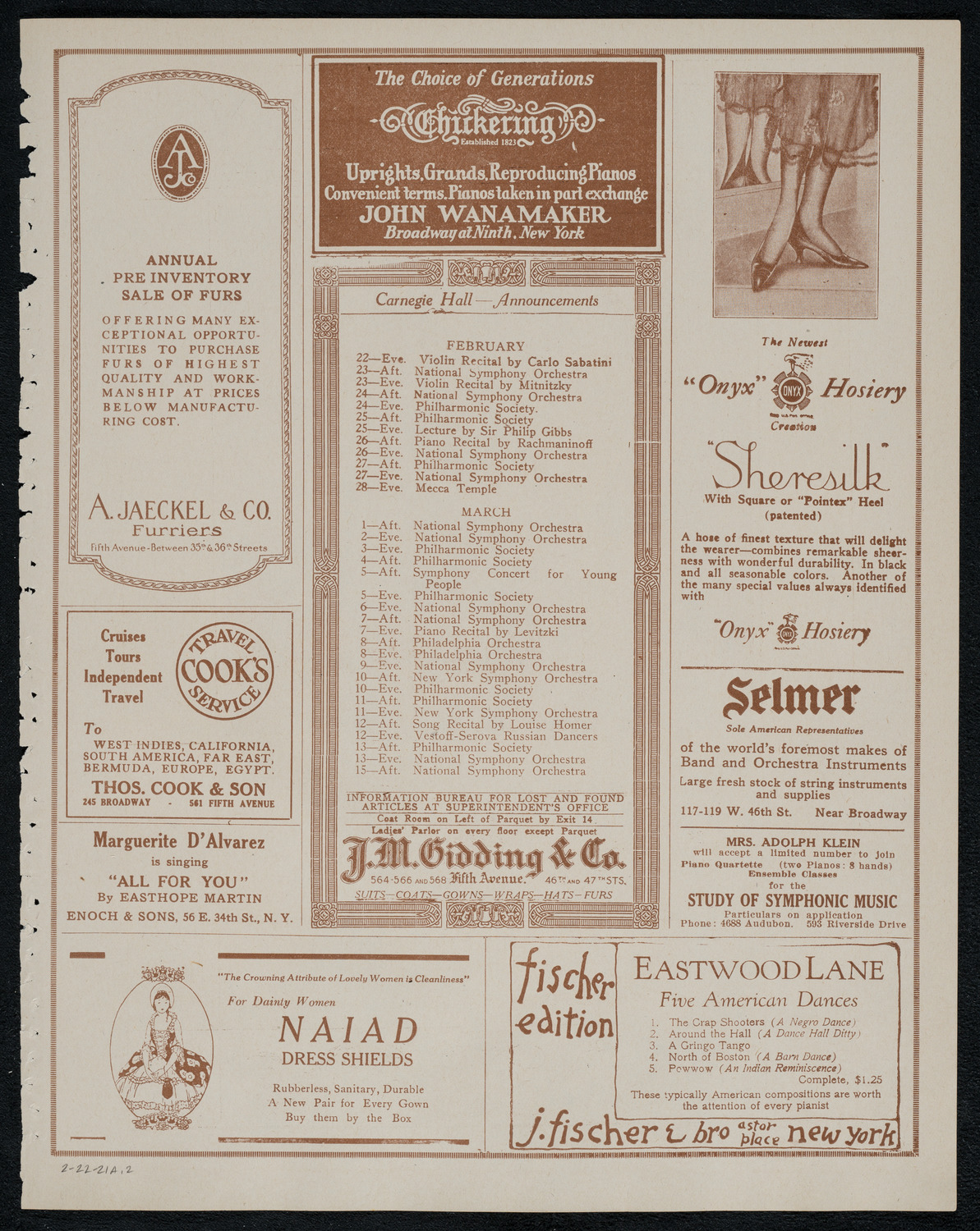 Benno Moiseiwitsch, Piano, February 22, 1921, program page 3