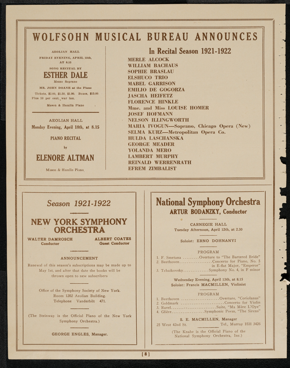 National Symphony Orchestra, April 10, 1921, program page 8