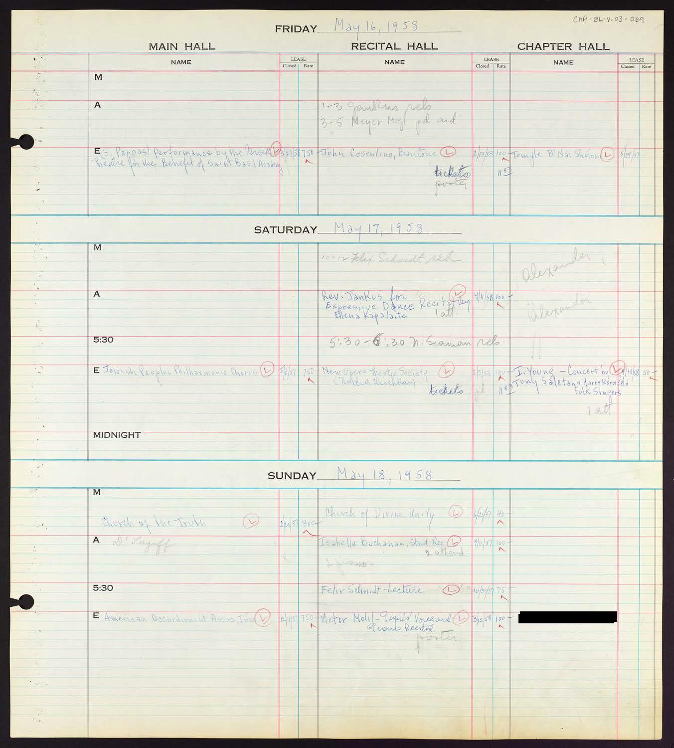 Carnegie Hall Booking Ledger, volume 3, page 69