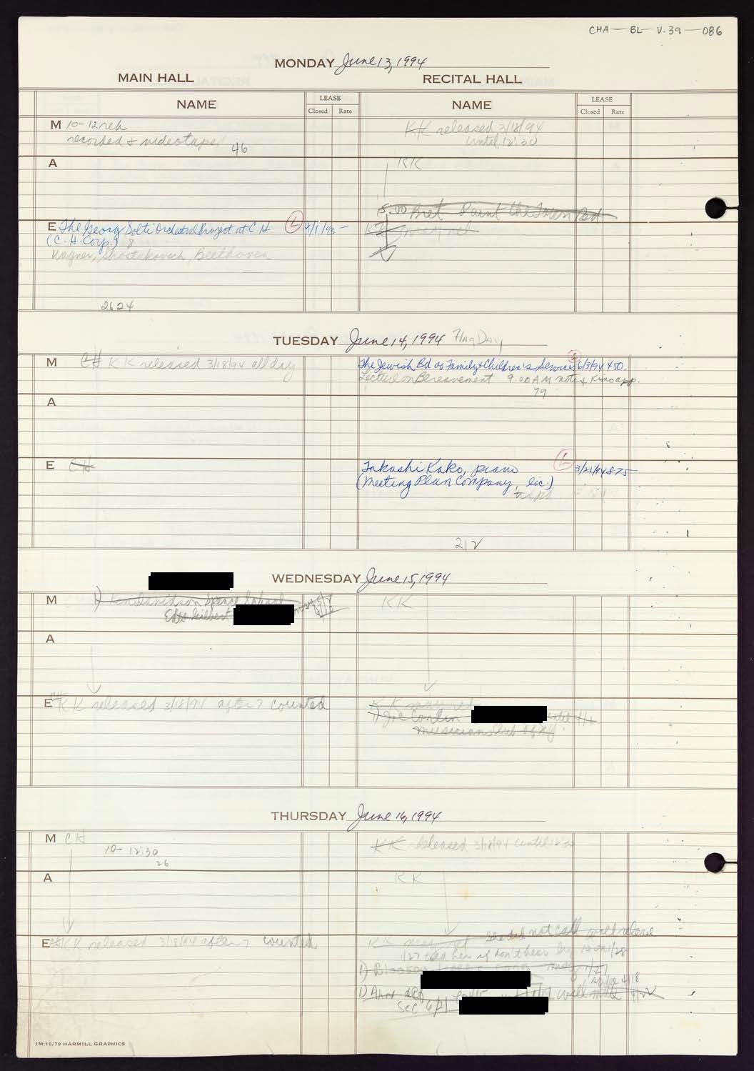 Carnegie Hall Booking Ledger, volume 39, page 86