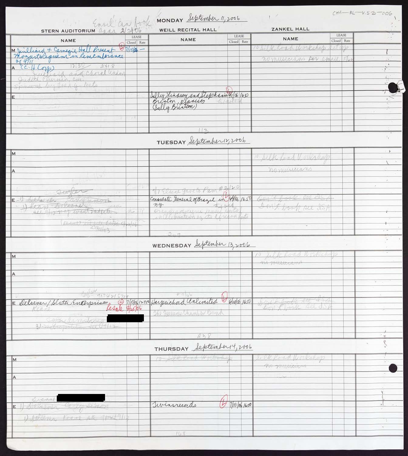 Carnegie Hall Booking Ledger, volume 52, page 6