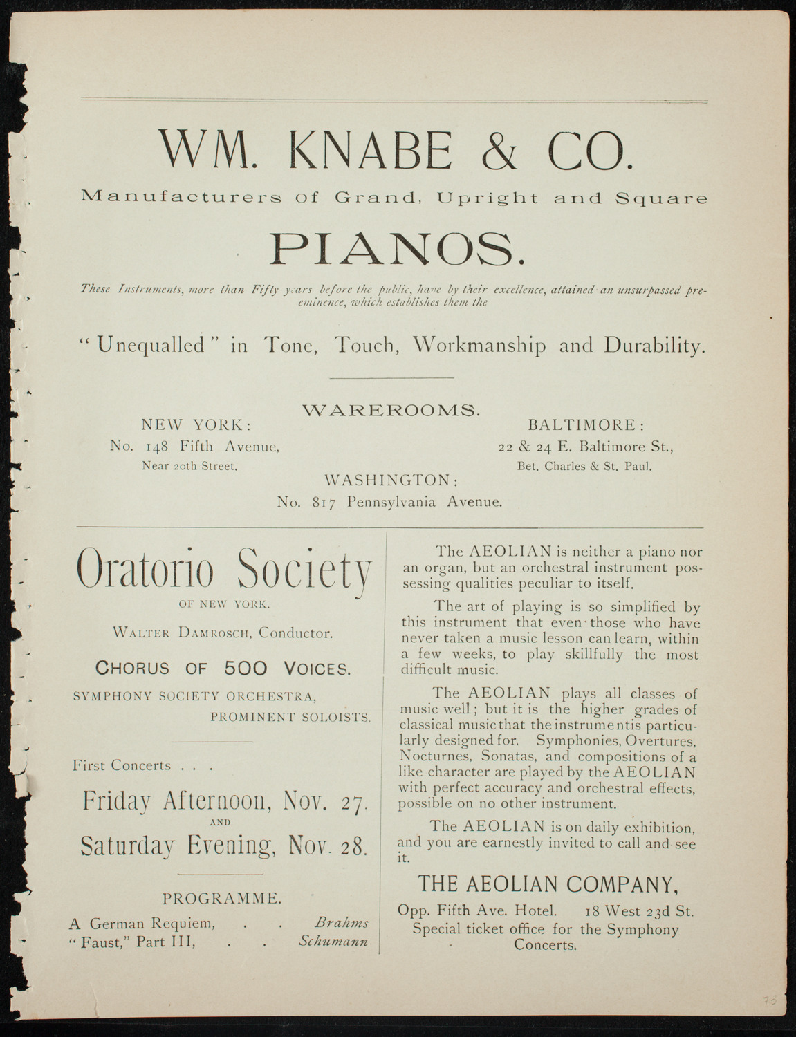 Damrosch Sunday Concert, November 15, 1891, program page 3