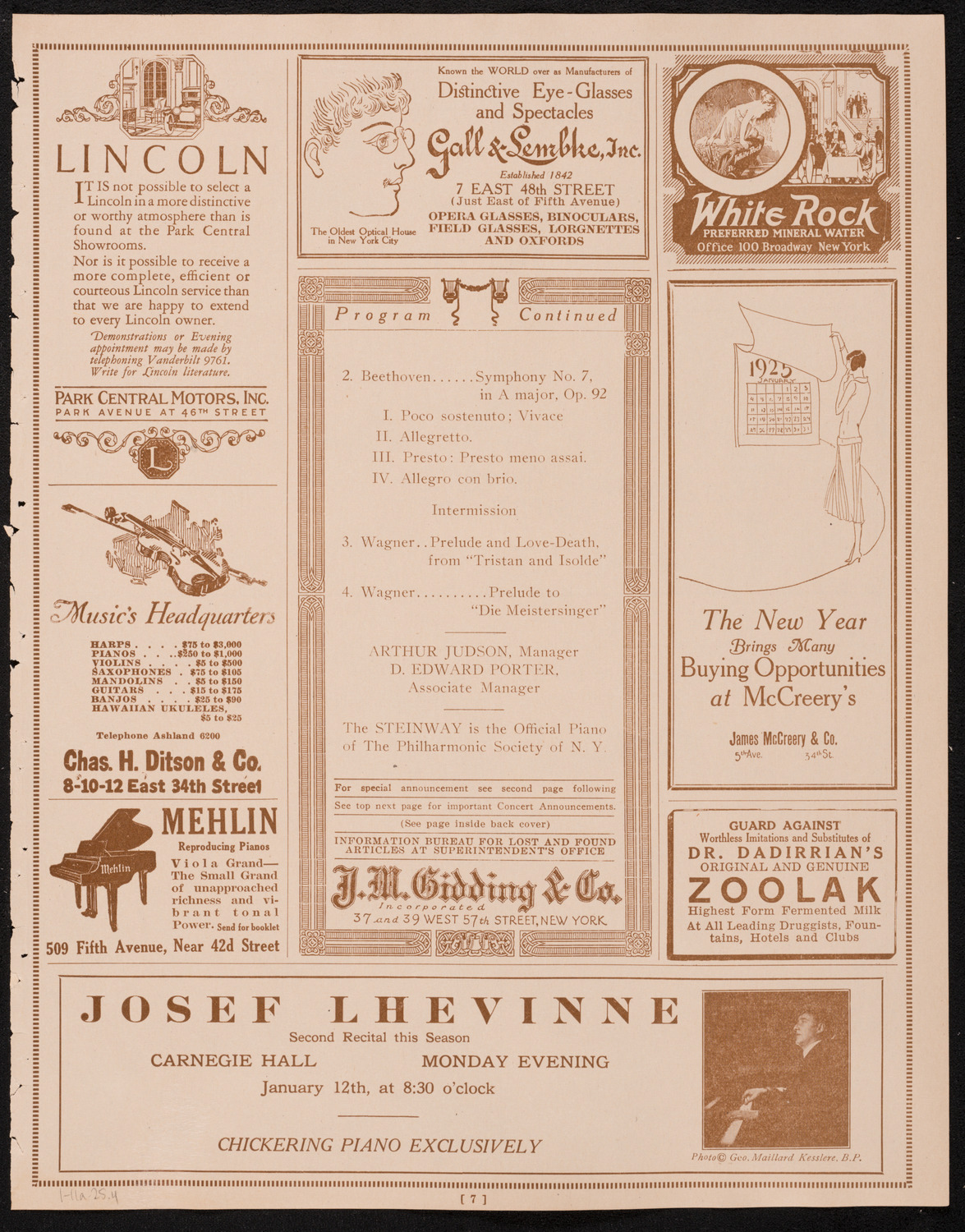 New York Philharmonic, January 11, 1925, program page 7