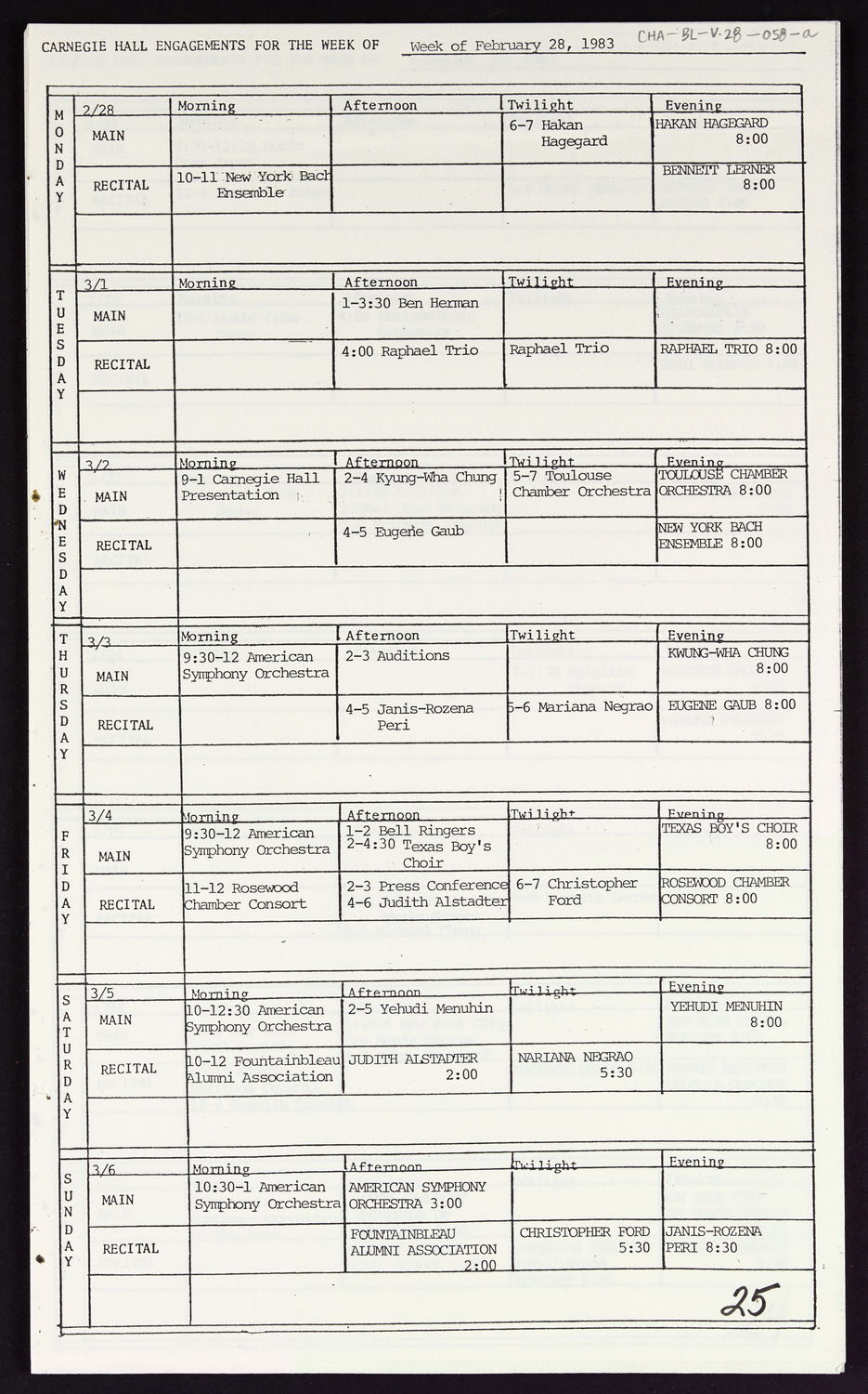 Carnegie Hall Booking Ledger, volume 28, page 58a