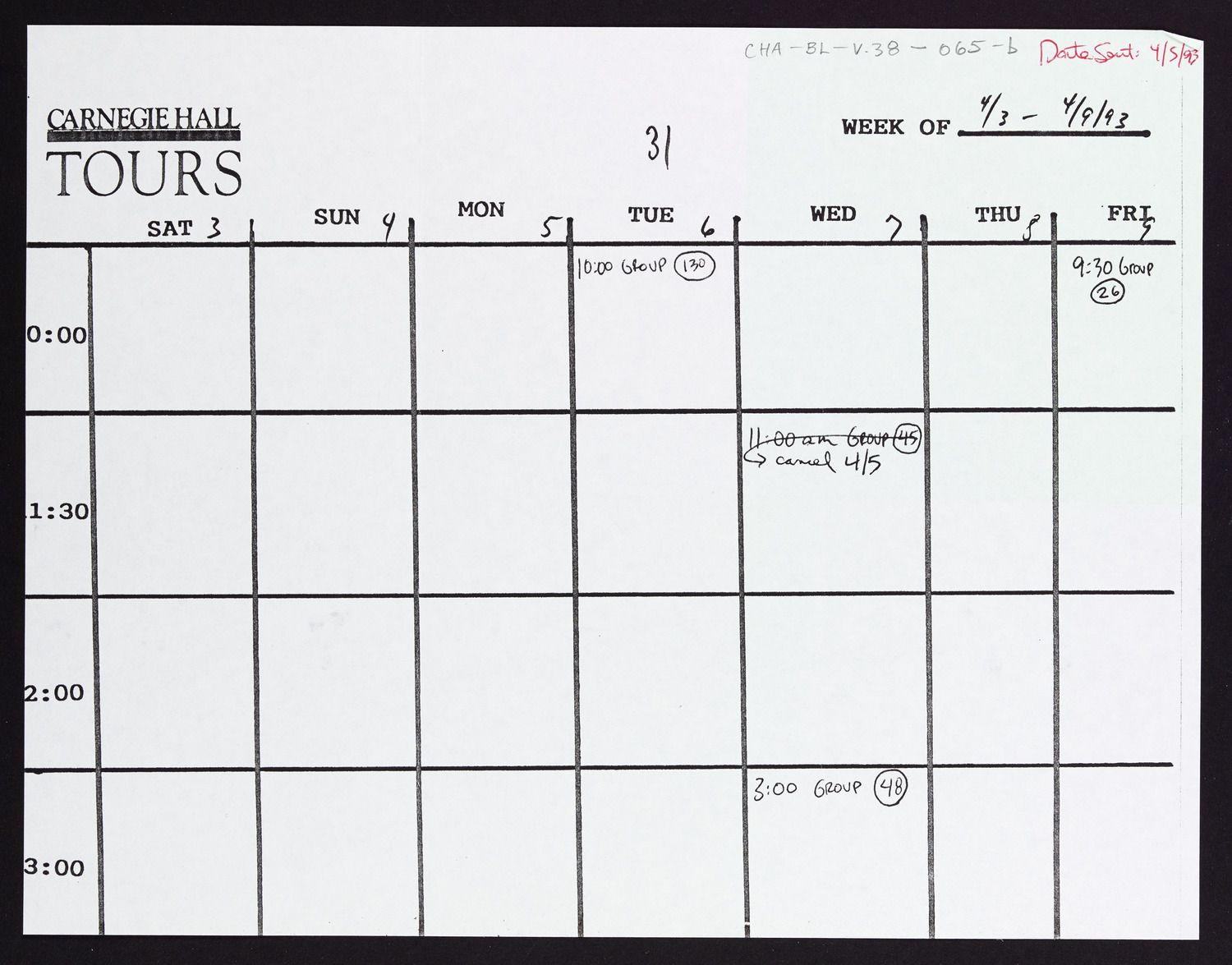 Carnegie Hall Booking Ledger, volume 38, page 65b