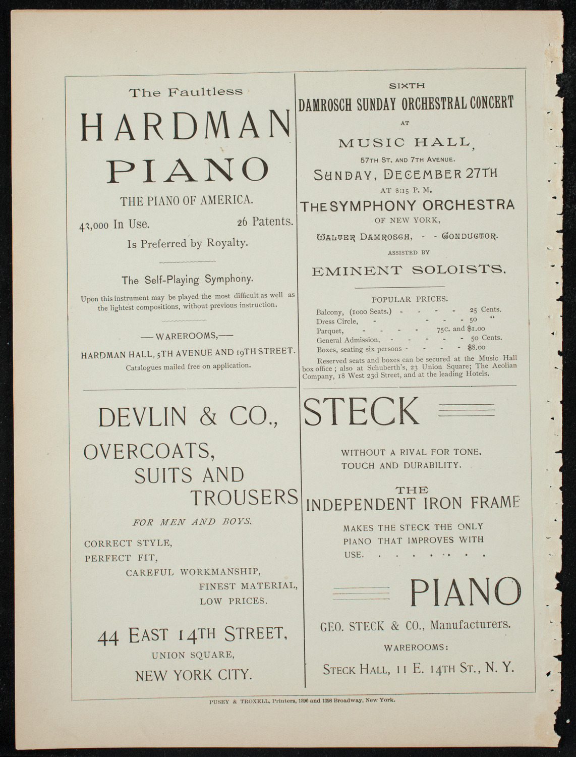 Damrosch Sunday Concert, December 20, 1891, program page 12