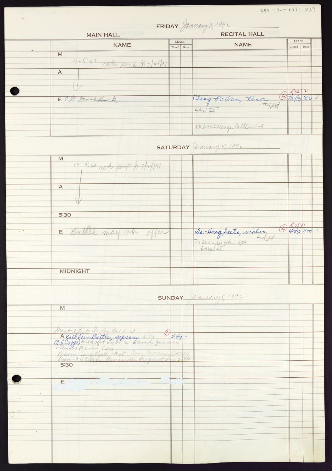 Carnegie Hall Booking Ledger, volume 37, page 39