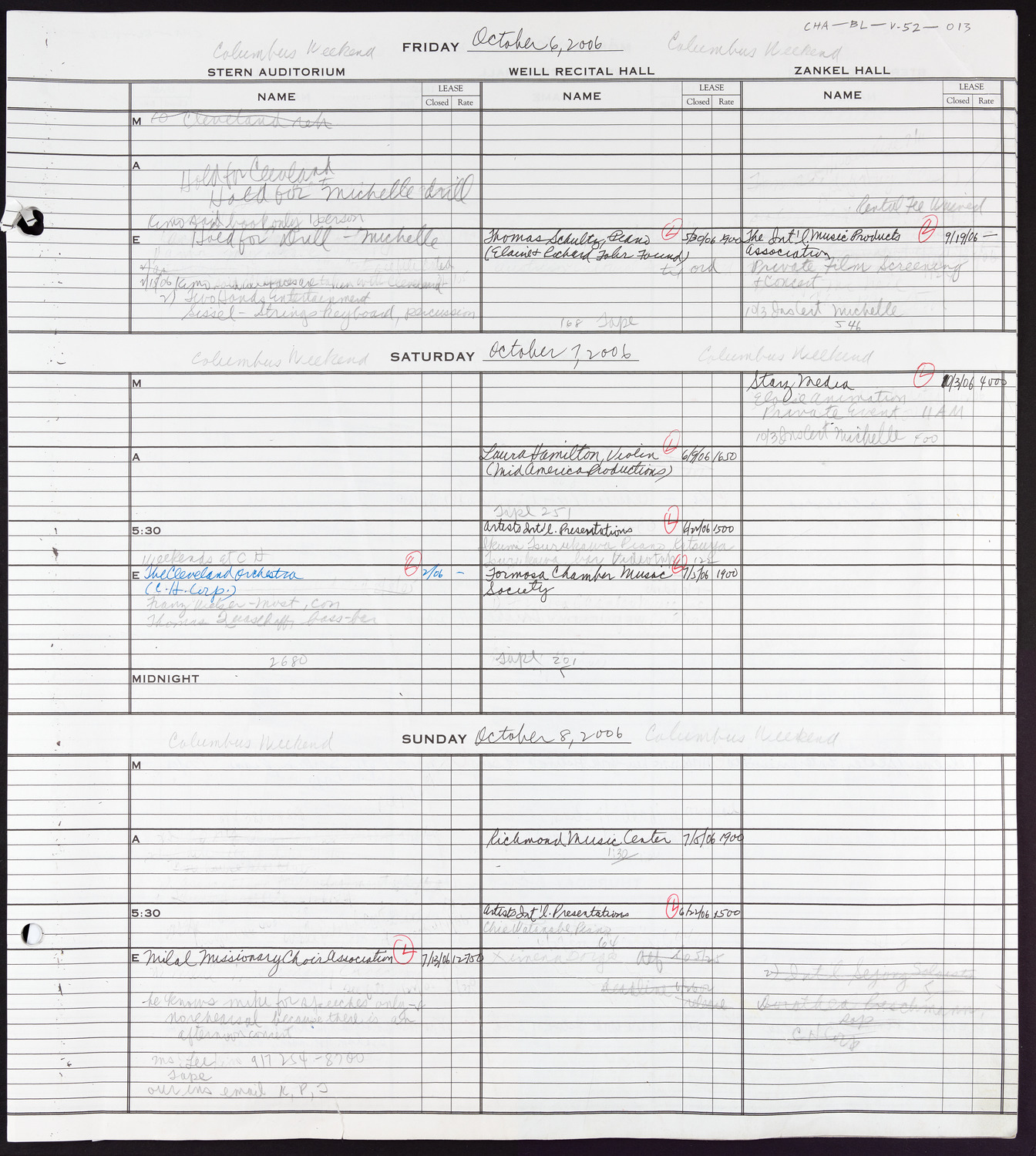 Carnegie Hall Booking Ledger, volume 52, page 13