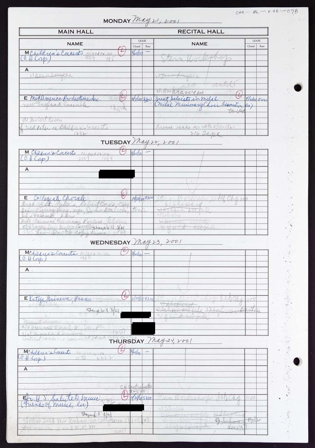 Carnegie Hall Booking Ledger, volume 46, page 78