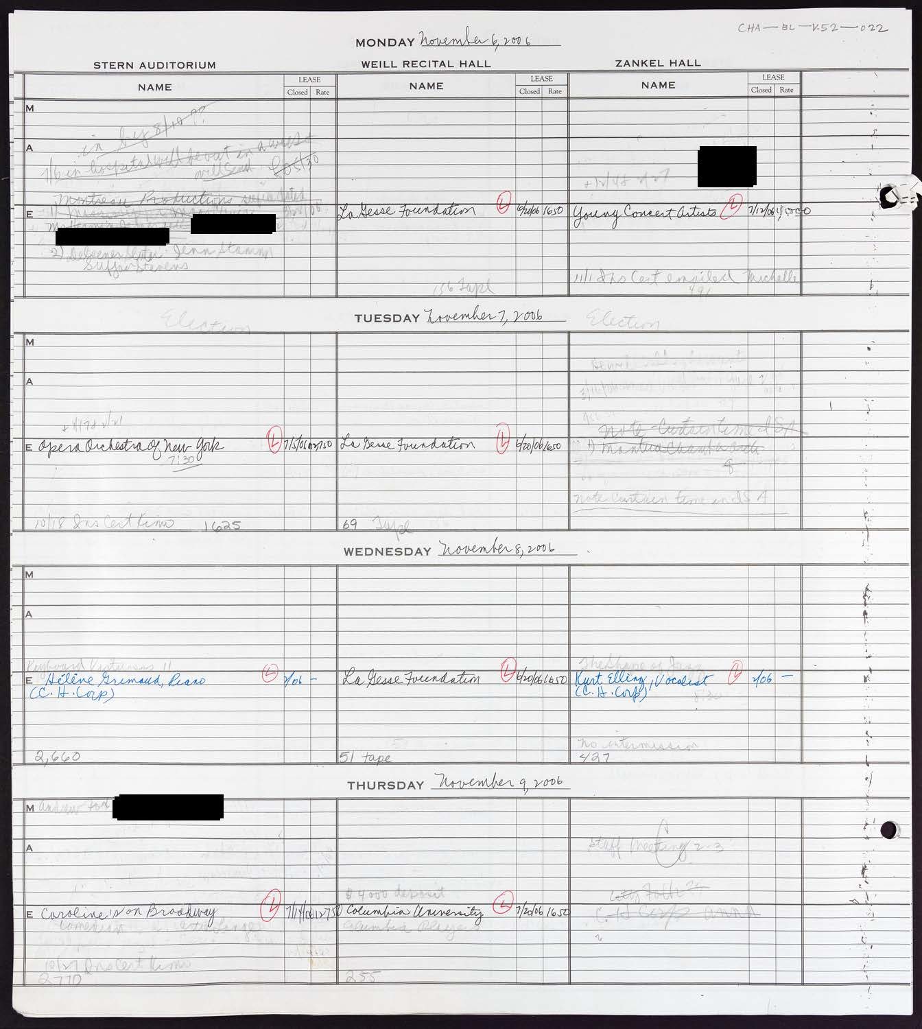 Carnegie Hall Booking Ledger, volume 52, page 22