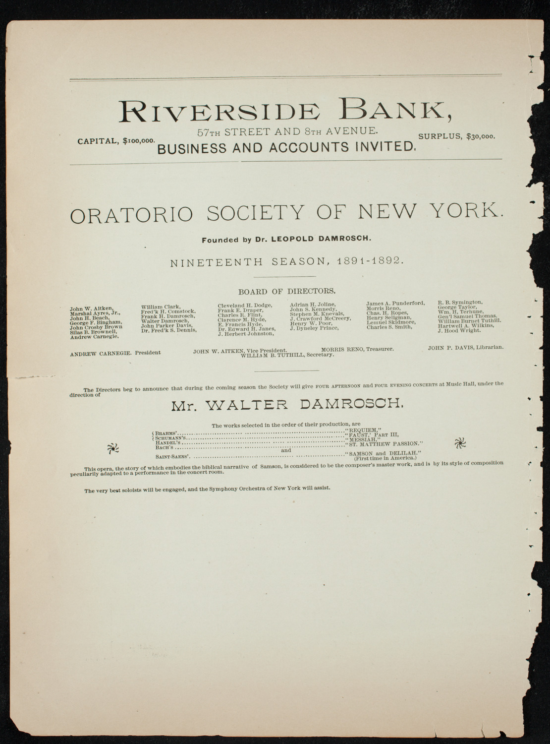 Damrosch Sunday Concert, December 6, 1891, program page 8