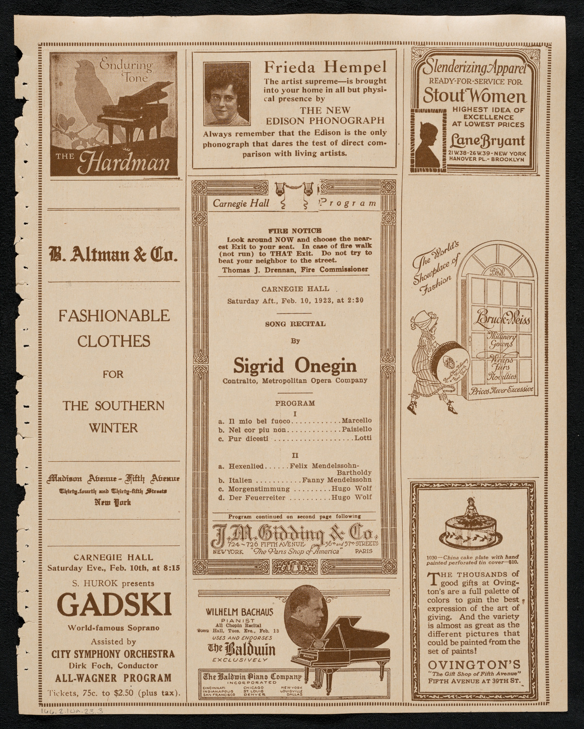 Sigrid Onégin, Contralto, February 10, 1923, program page 5
