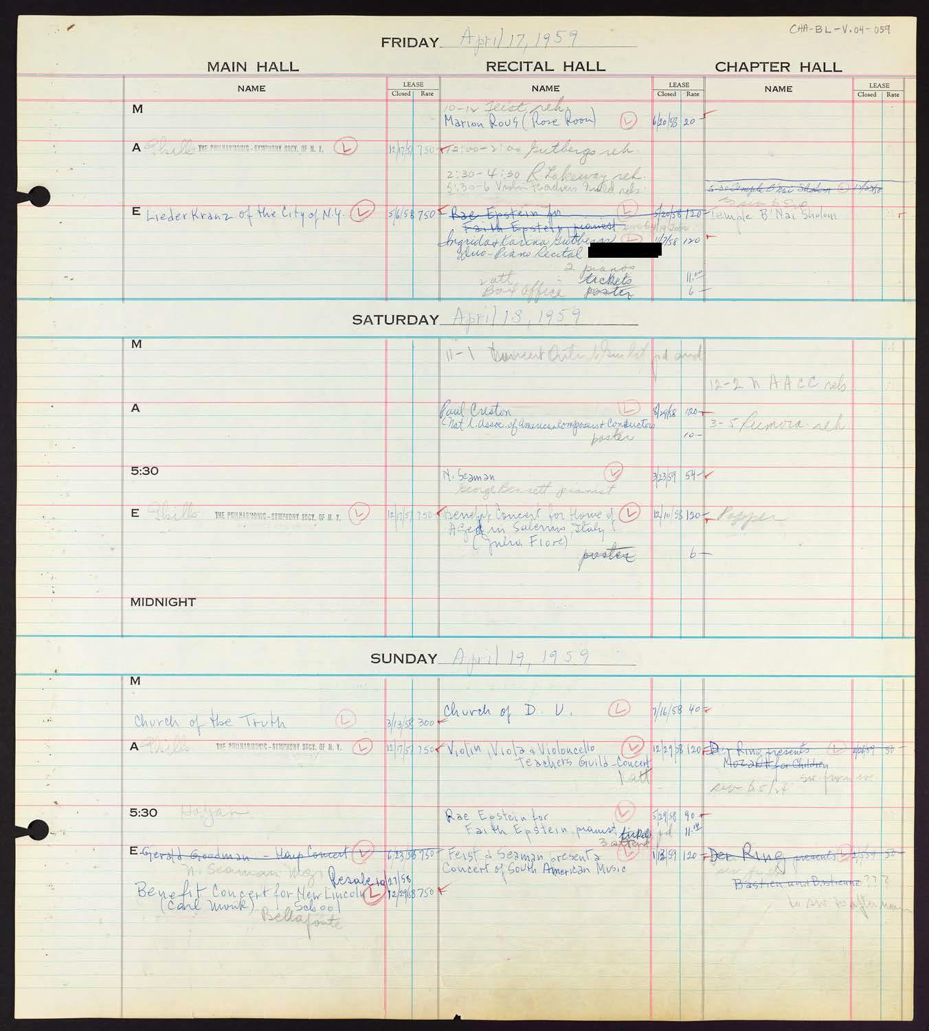 Carnegie Hall Booking Ledger, volume 4, page 59