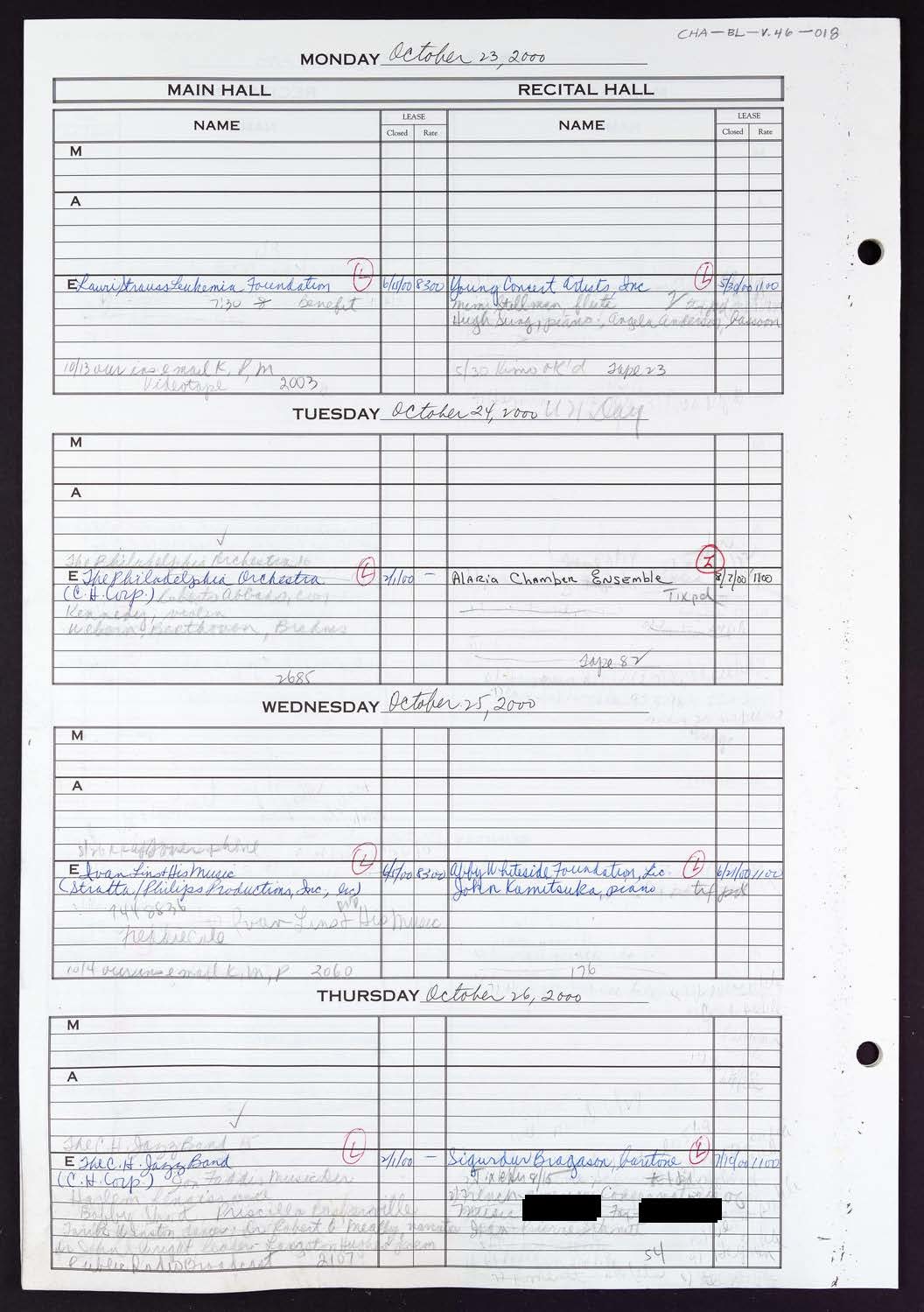 Carnegie Hall Booking Ledger, volume 46, page 18