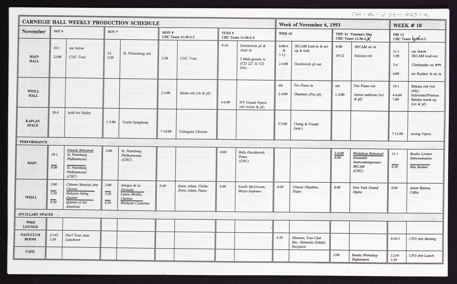 Carnegie Hall Booking Ledger, volume 39, page 23a