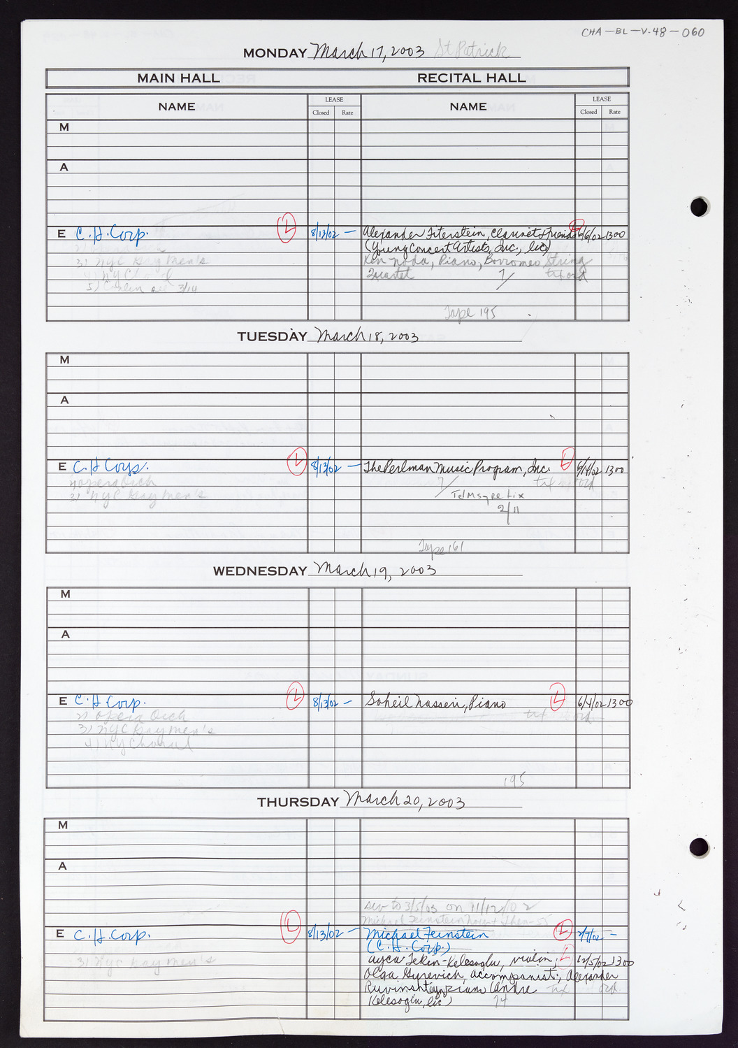 Carnegie Hall Booking Ledger, volume 48, page 60