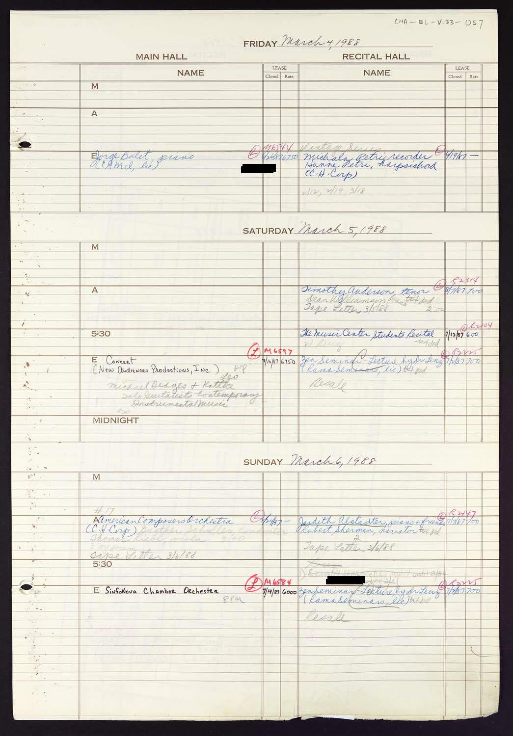 Carnegie Hall Booking Ledger, volume 33, page 57