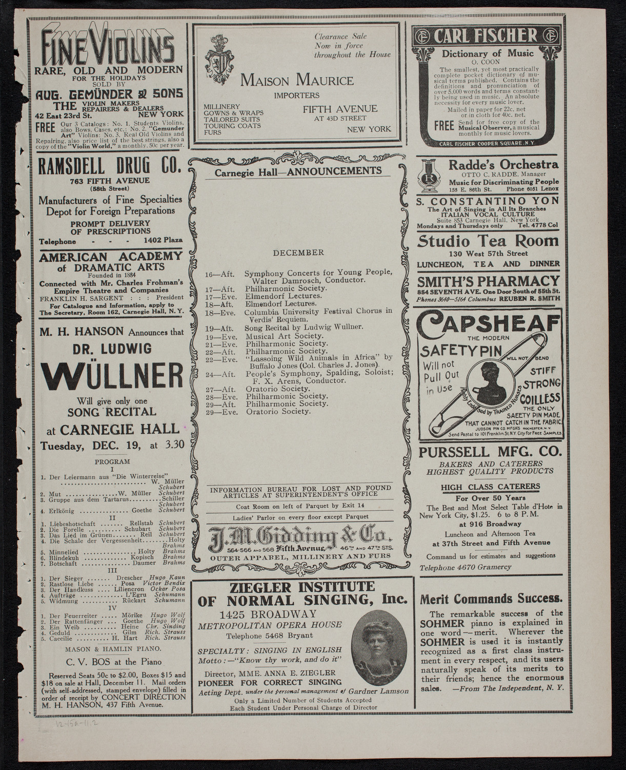 New York Philharmonic, December 15, 1911, program page 3