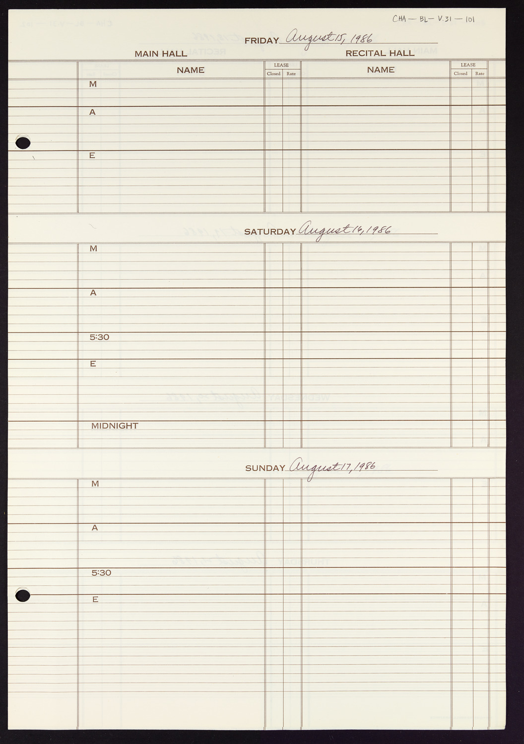 Carnegie Hall Booking Ledger, volume 31, page 101