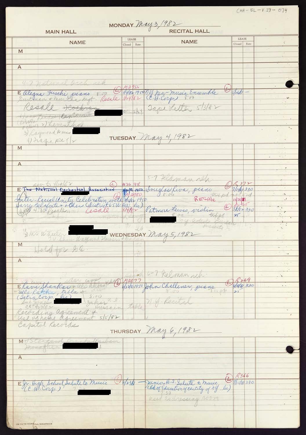 Carnegie Hall Booking Ledger, volume 27, page 74