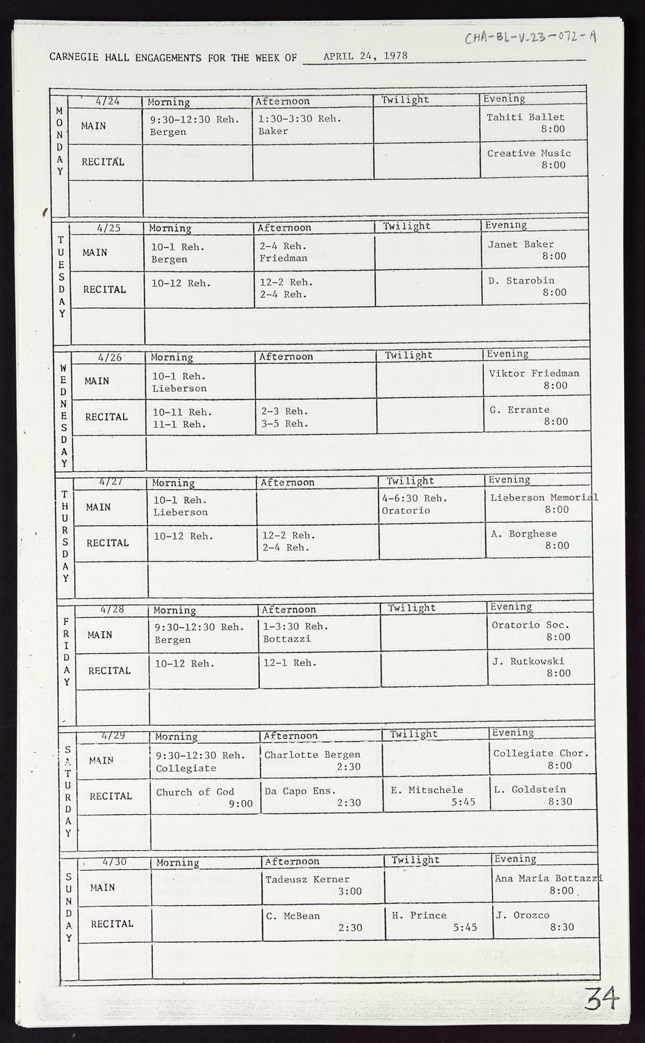 Carnegie Hall Booking Ledger, volume 23, page 72a