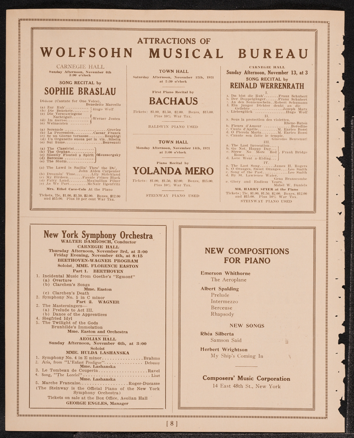 Johanna Gadski, Soprano, with the New York Philharmonic, October 30, 1921, program page 8
