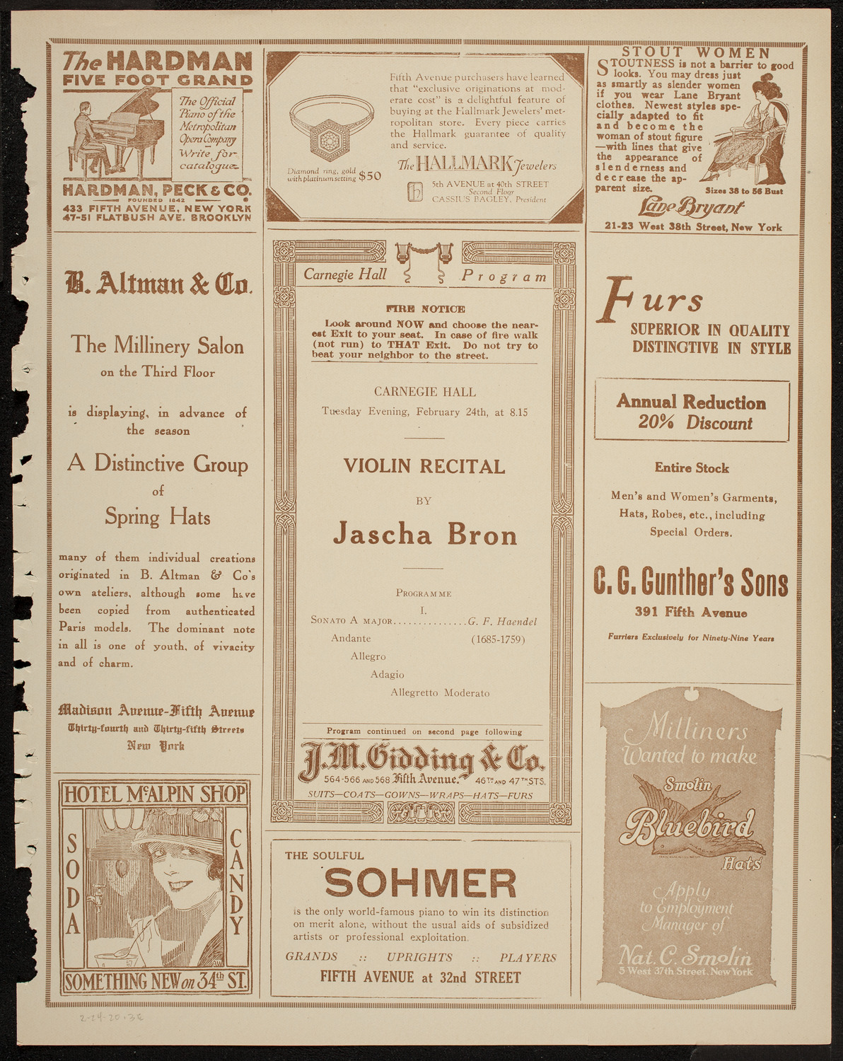 Jascha Bron, Violin, February 24, 1920, program page 5