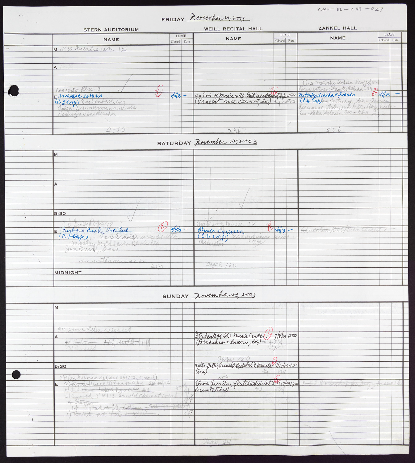 Carnegie Hall Booking Ledger, volume 49, page 27