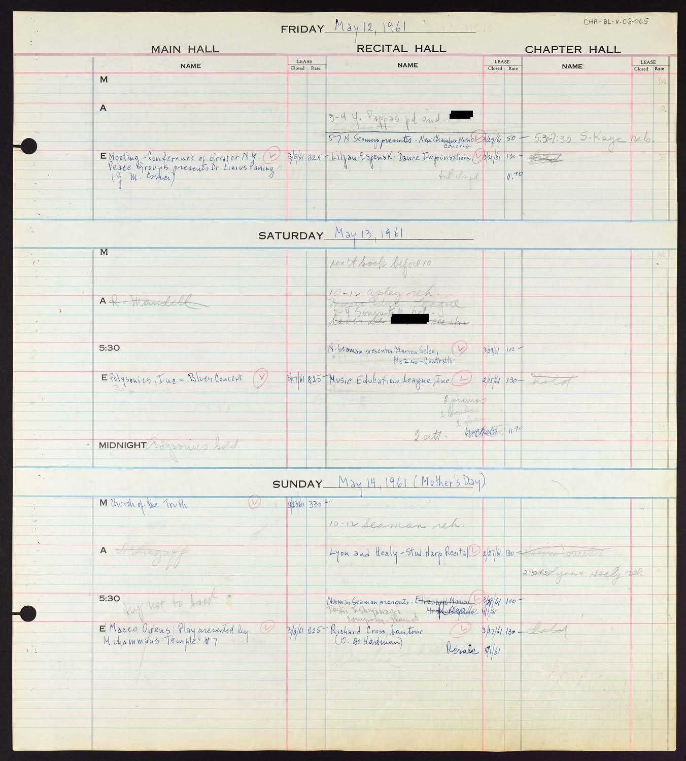 Carnegie Hall Booking Ledger, volume 6, page 65